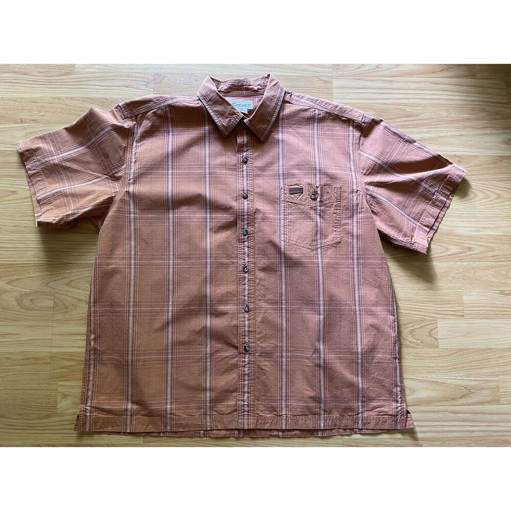 Carhartt Orange Plaid Short Sleeve Collared Button-Up Shirt Men's 2XL EUC